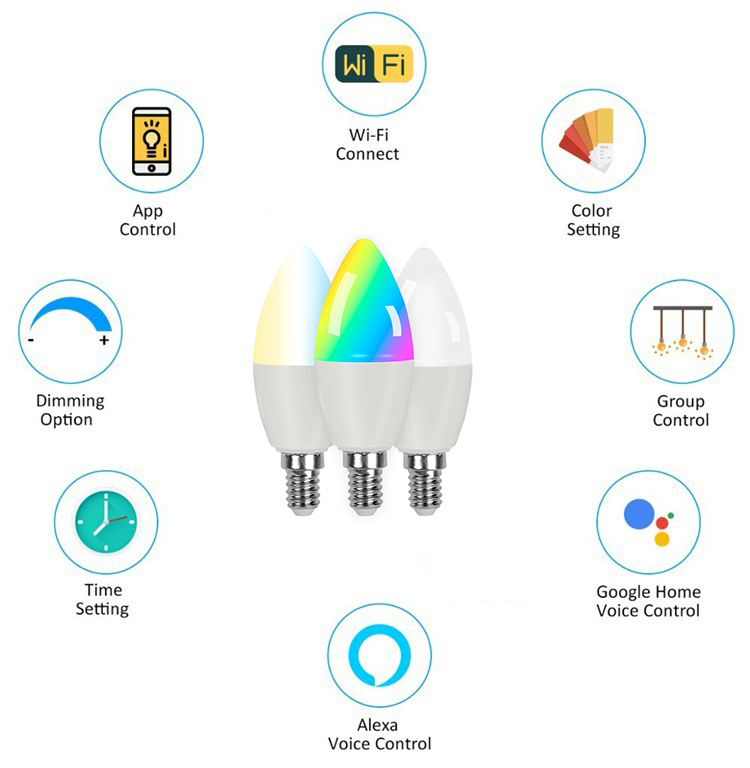 5w E14 led candle light bulbs lamp dimmable RGB color changing 2700-6500K wifi smart led bulbs - Smart Home - 1