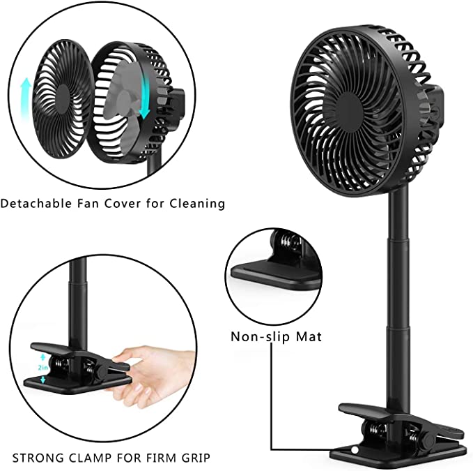 Clip Fan Battery Operated bedroom fan - 4 Speeds 360° Rotation Quiet Stroller Fan with Strong Airflow Portable fan for Office Table Bedroom Kitchen Rechargeable Small Fan for Camping Hiking Travel - Clip Fan - 3