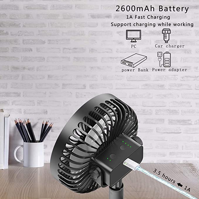 Clip Fan Battery Operated bedroom fan - 4 Speeds 360° Rotation Quiet Stroller Fan with Strong Airflow Portable fan for Office Table Bedroom Kitchen Rechargeable Small Fan for Camping Hiking Travel - Clip Fan - 4